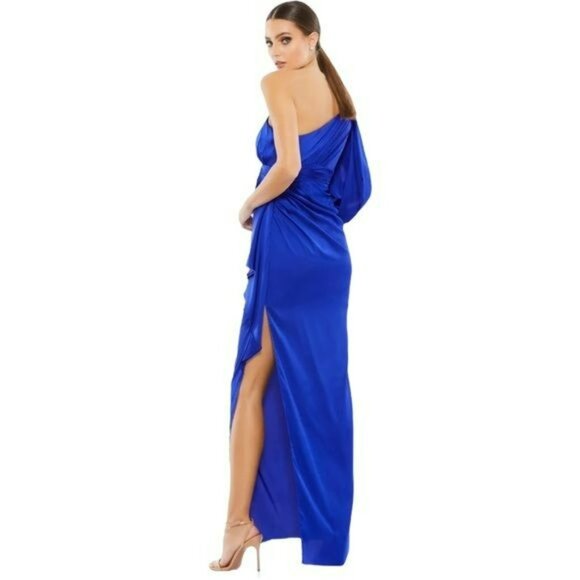 Ileena Mac Duggal One Shoulder Long Sleeve Sapphire Blue Maxi Dress Formal Gown - Picture 2 of 9